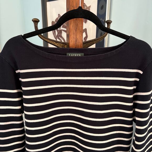 Lauren Ralph Lauren 100% Cotton Nautical Stripe Boatneck 3/4 Sleeve Shirt size L - Picture 3 of 7